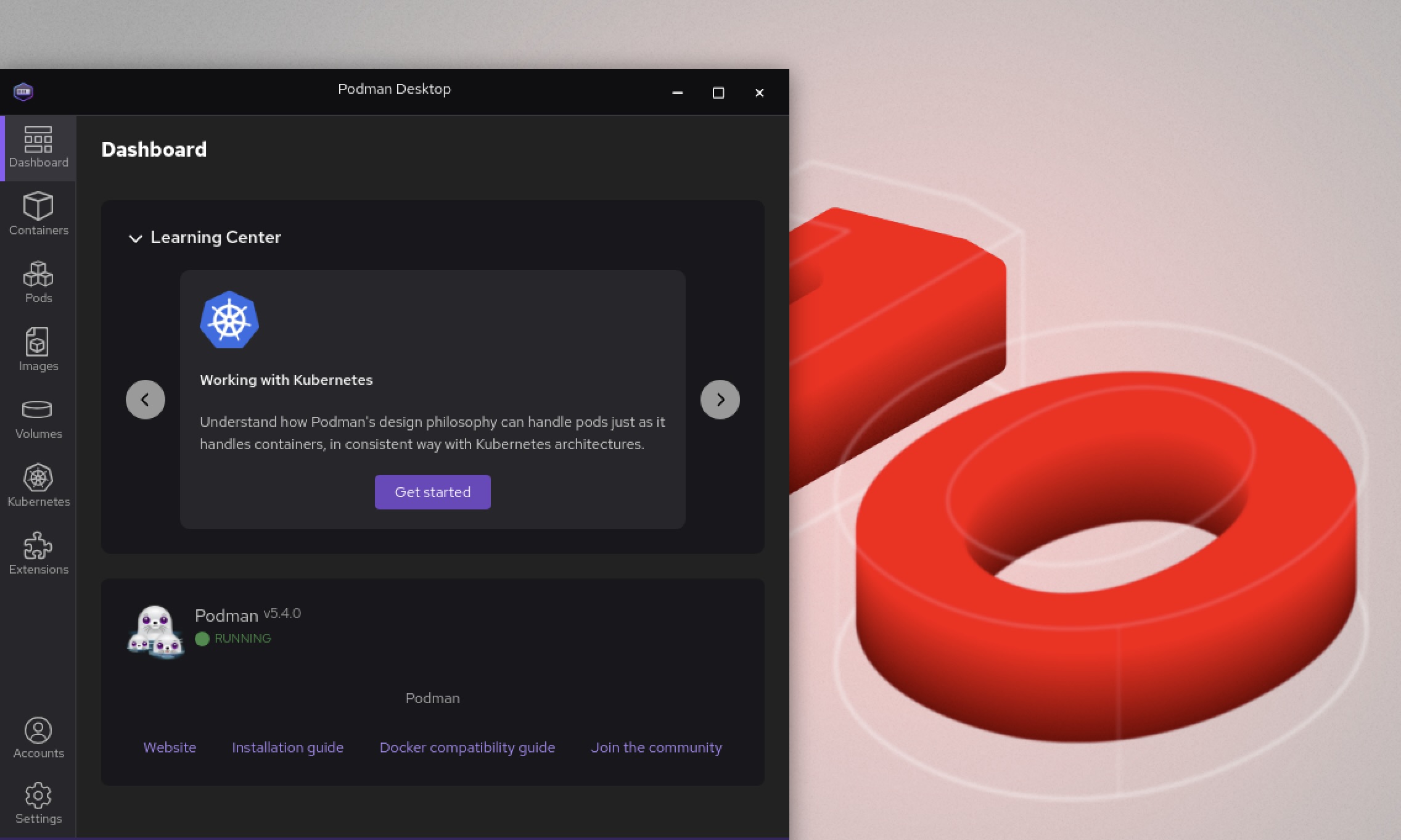 RHEL 10 上的 Podman Desktop 截图